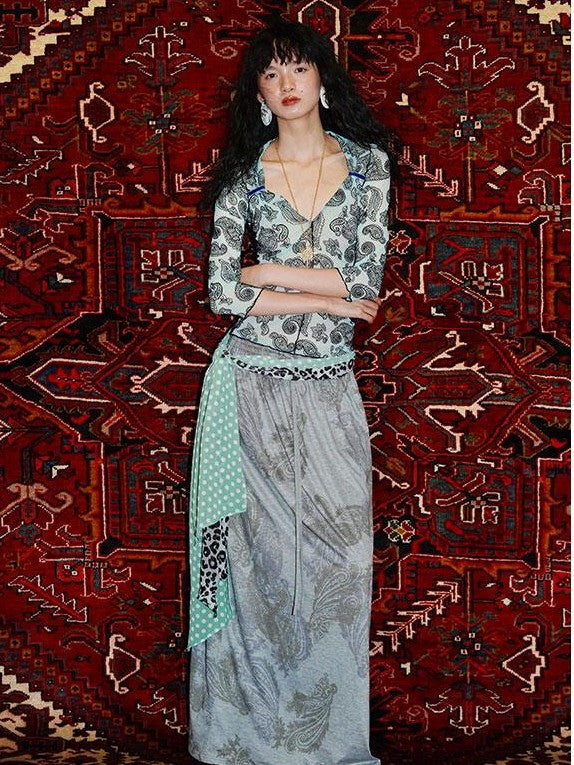 badtaste Heather Grey Paisley Knit Straight Low Waist Women's Lyocell Maxi Skirts