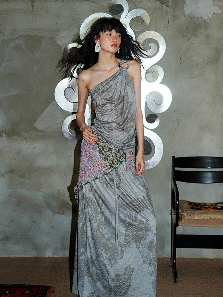 badtaste Heather Grey Paisley Knit Straight Low Waist Women's Lyocell Maxi Skirts