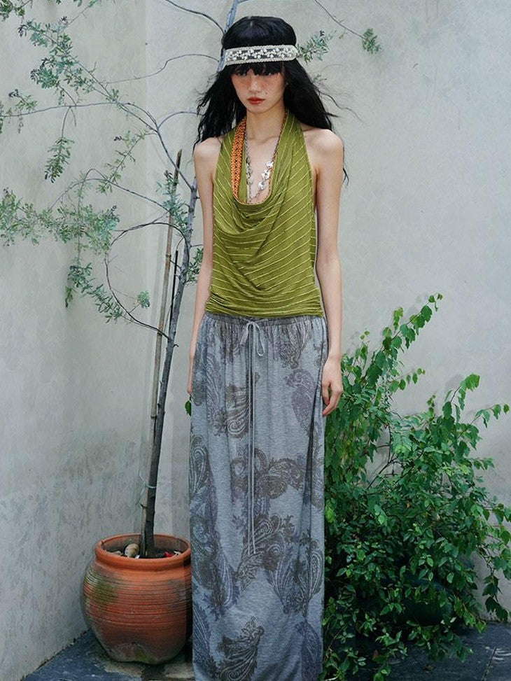 badtaste Heather Grey Paisley Knit Straight Low Waist Women's Lyocell Maxi Skirts