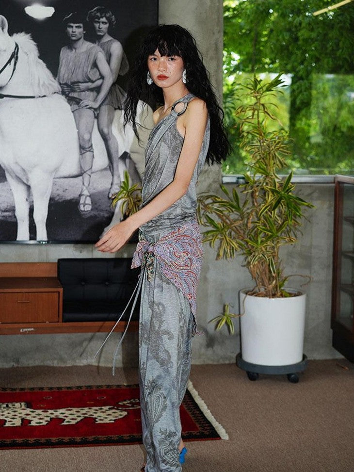 badtaste Heather Grey Paisley Knit Straight Low Waist Women's Lyocell Maxi Skirts