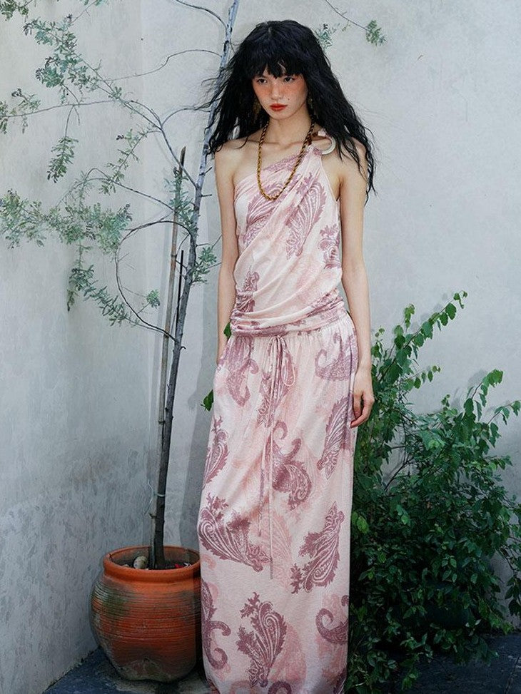 badtaste Heather Grey Paisley Knit Straight Low Waist Women's Lyocell Maxi Skirts
