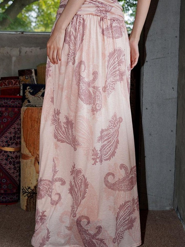 badtaste Heather Grey Paisley Knit Straight Low Waist Women's Lyocell Maxi Skirts