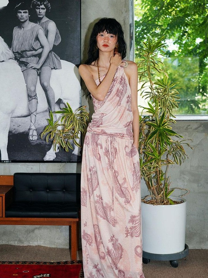 badtaste Heather Grey Paisley Knit Straight Low Waist Women's Lyocell Maxi Skirts