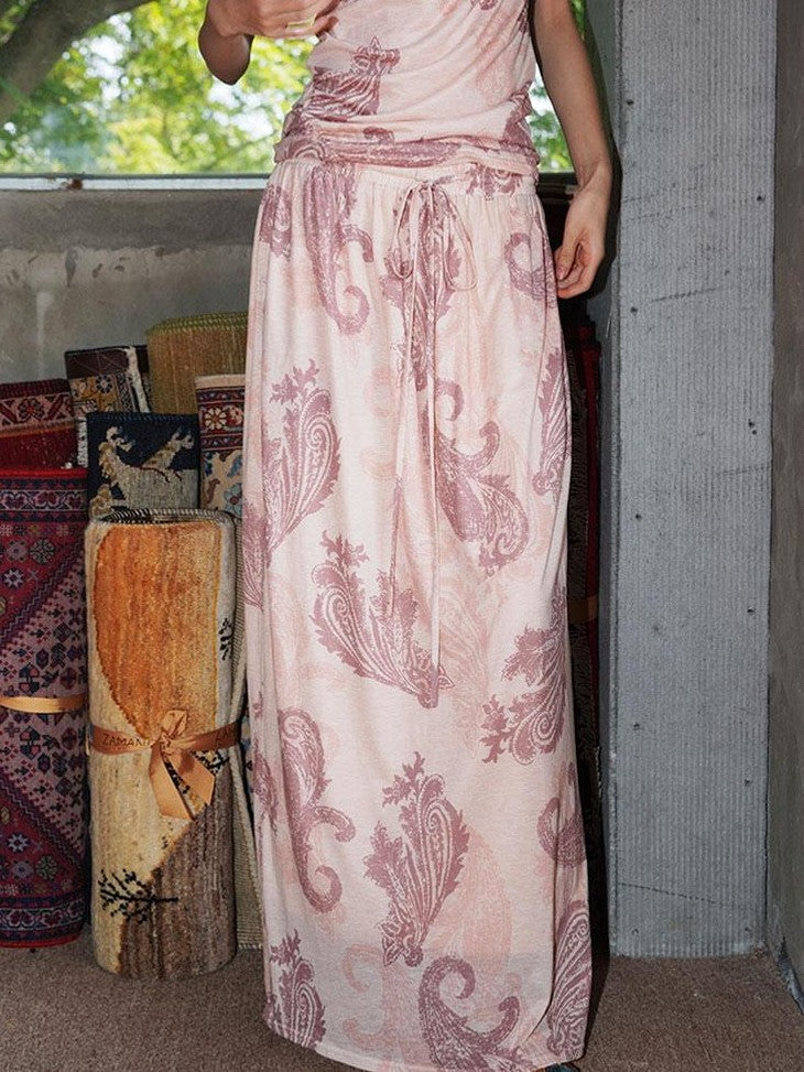 badtaste Heather Grey Paisley Knit Straight Low Waist Women's Lyocell Maxi Skirts