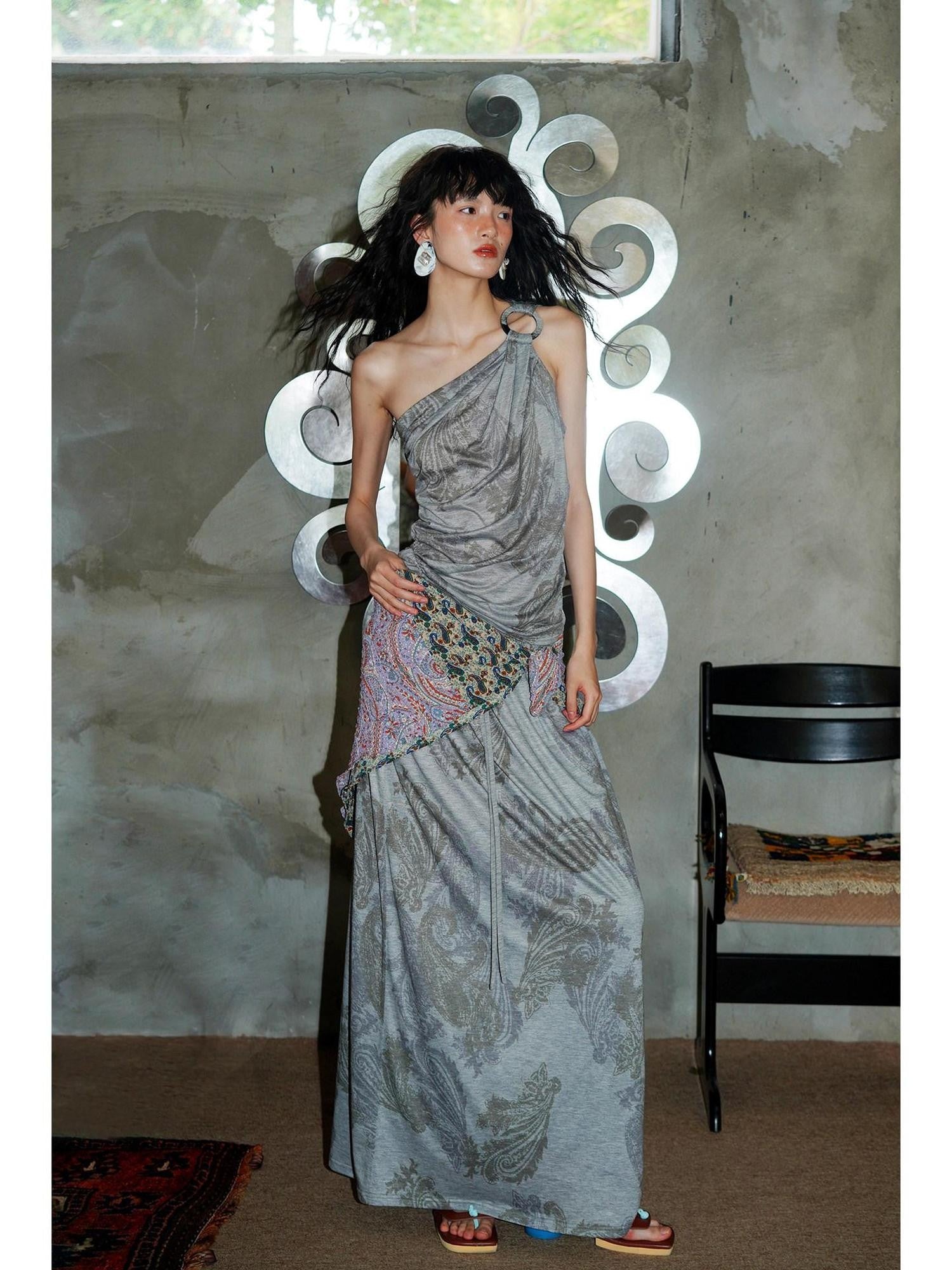 badtaste Heather Grey Paisley Knit Straight Low Waist Women's Lyocell Maxi Skirts