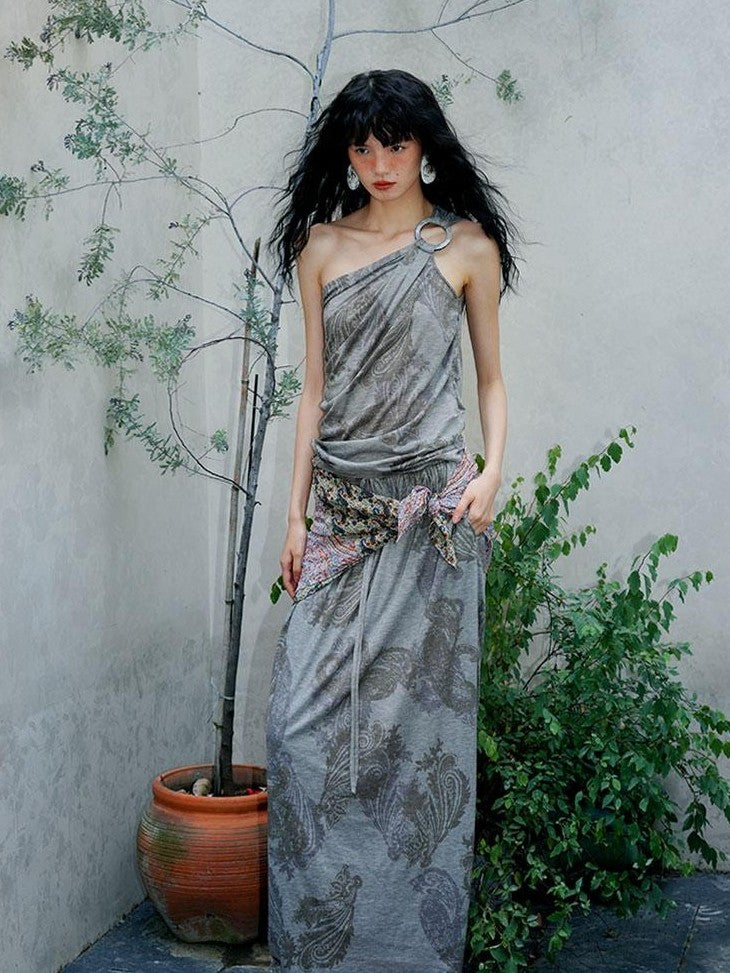 badtaste Heather Grey Paisley Knit Straight Low Waist Women's Lyocell Maxi Skirts