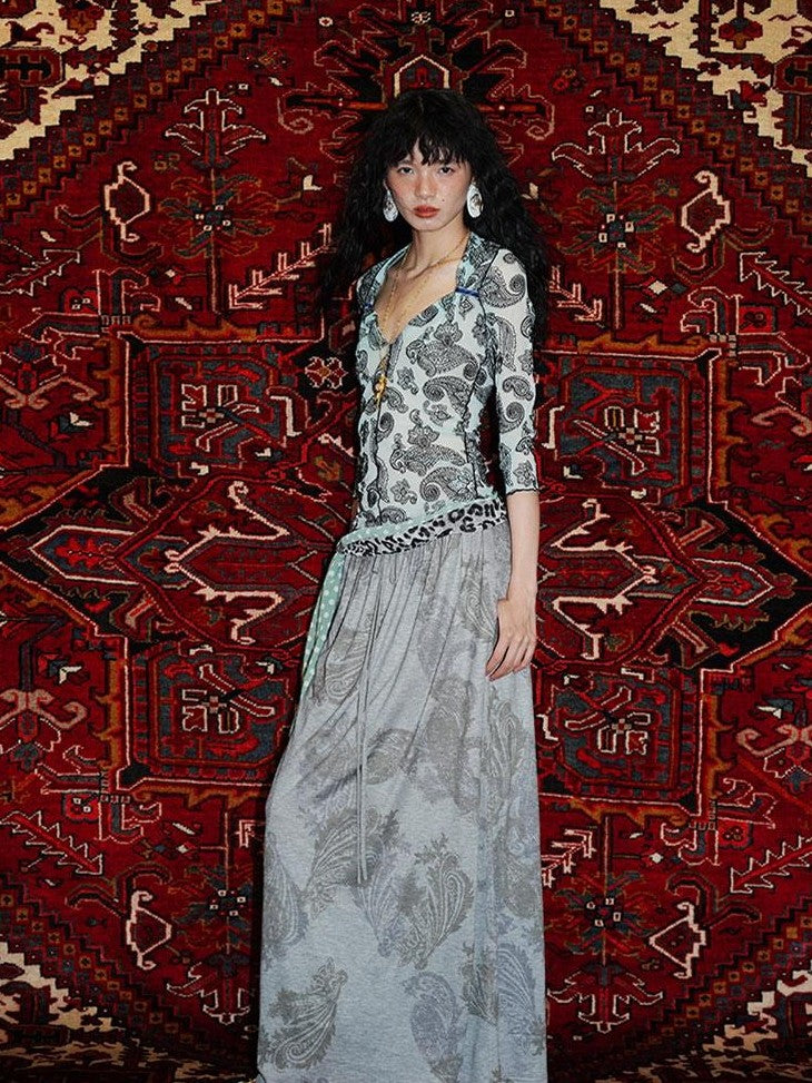 badtaste Heather Grey Paisley Knit Straight Low Waist Women's Lyocell Maxi Skirts