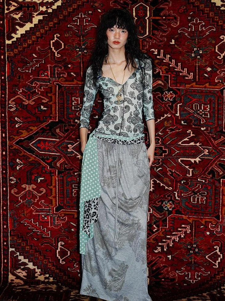 badtaste Heather Grey Paisley Knit Straight Low Waist Women's Lyocell Maxi Skirts