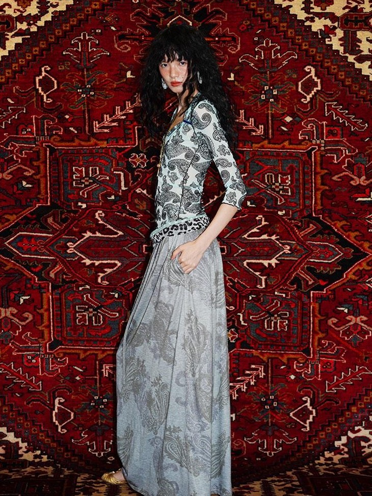 badtaste Heather Grey Paisley Knit Straight Low Waist Women's Lyocell Maxi Skirts