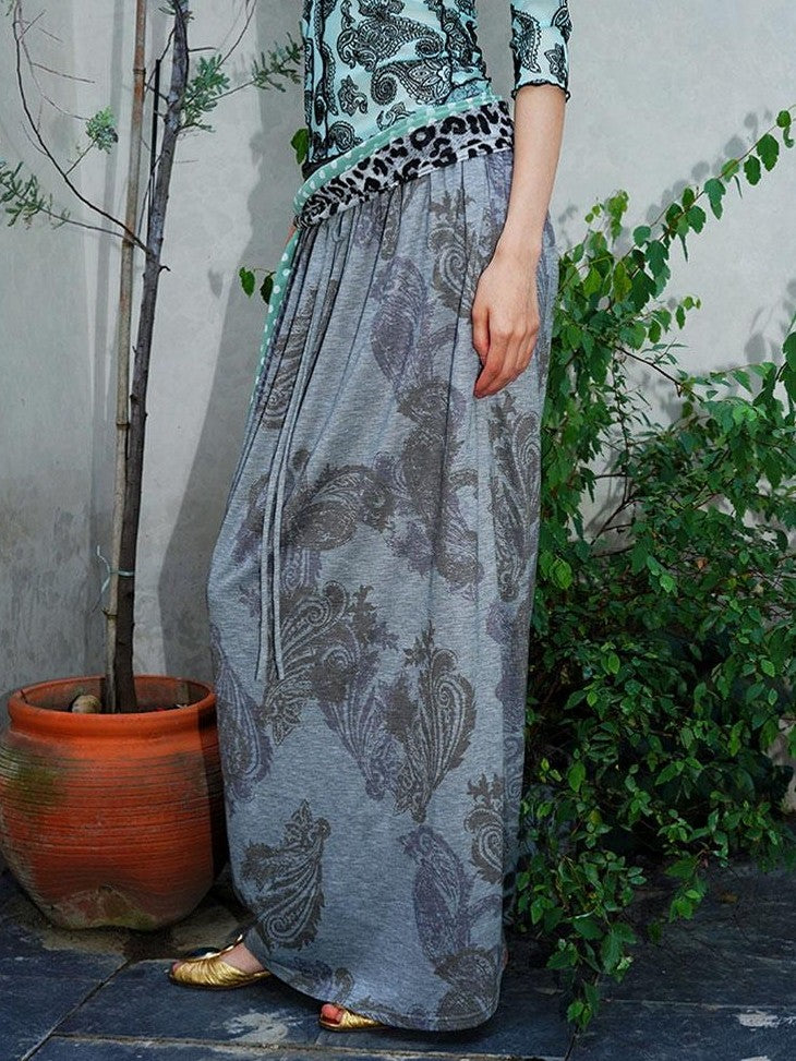 badtaste Heather Grey Paisley Knit Straight Low Waist Women's Lyocell Maxi Skirts