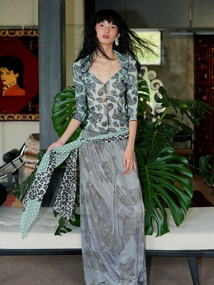 badtaste Heather Grey Paisley Knit Straight Low Waist Women's Lyocell Maxi Skirts