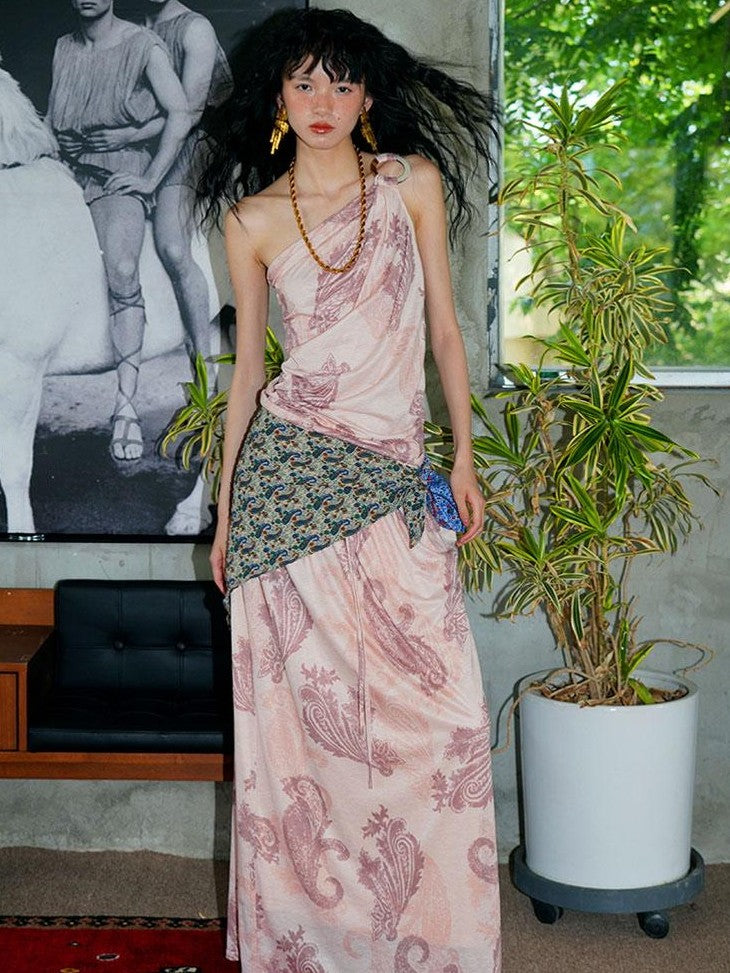 badtaste Heather Grey Paisley Knit Straight Low Waist Women's Lyocell Maxi Skirts