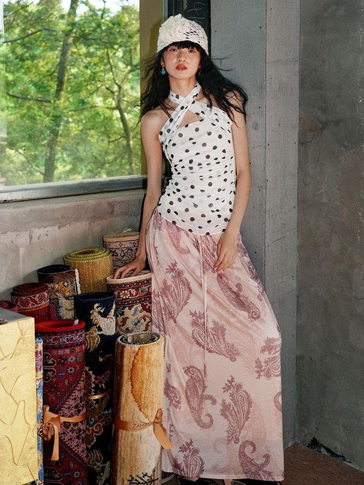 badtaste Heather Grey Paisley Knit Straight Low Waist Women's Lyocell Maxi Skirts