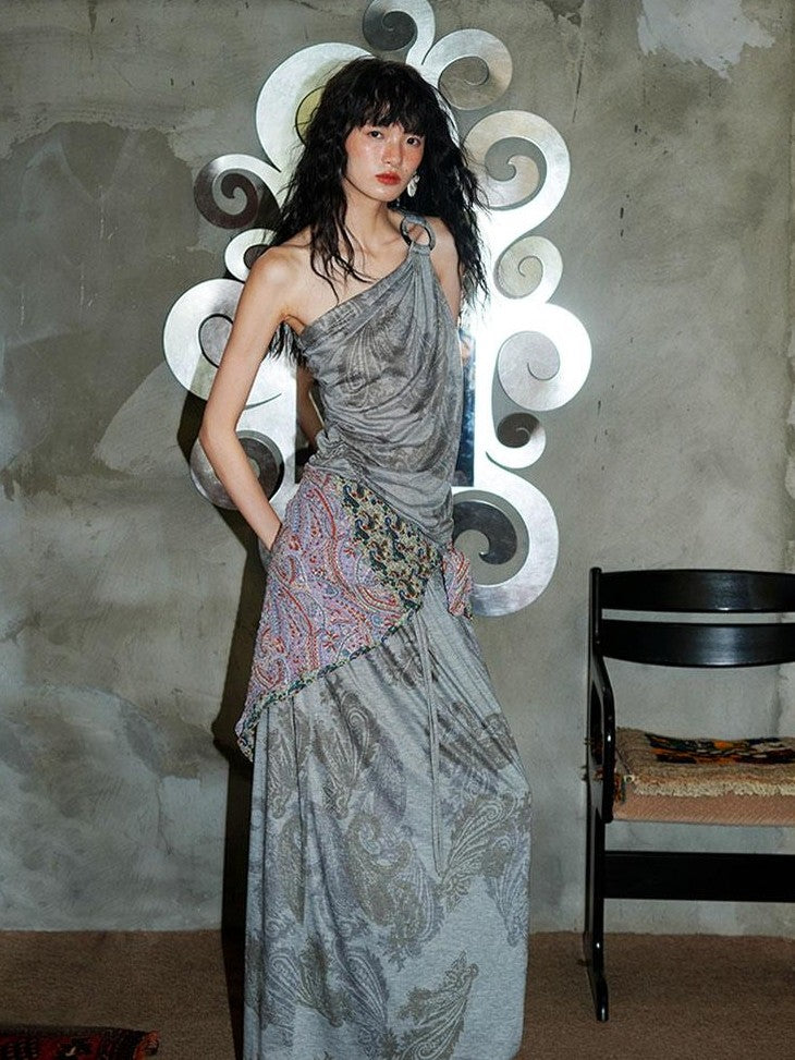 badtaste Heather Grey Paisley Knit Straight Low Waist Women's Lyocell Maxi Skirts