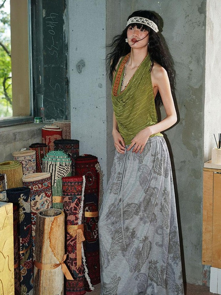 badtaste Heather Grey Paisley Knit Straight Low Waist Women's Lyocell Maxi Skirts