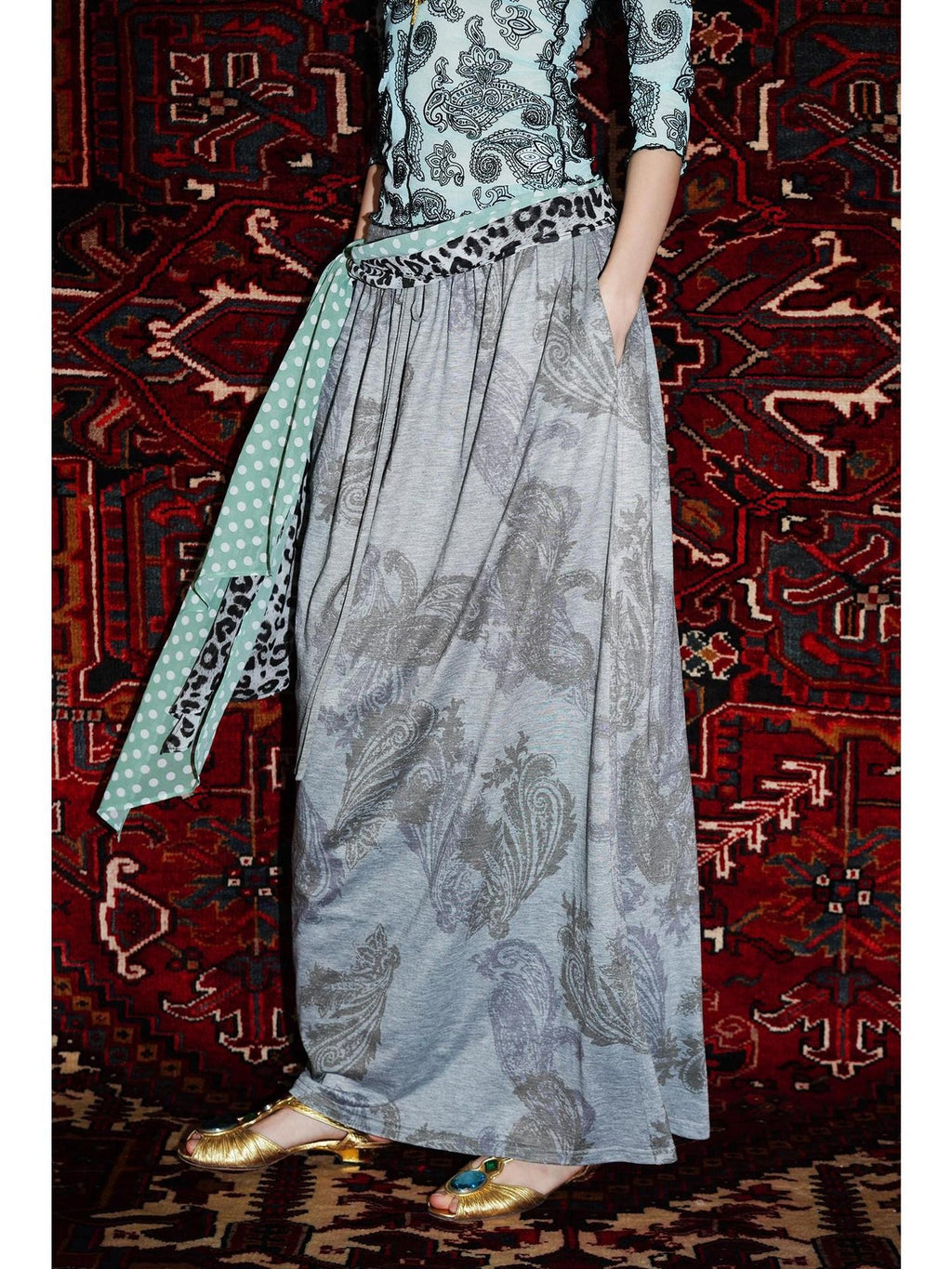 badtaste Heather Grey Paisley Knit Straight Low Waist Women's Lyocell Maxi Skirts