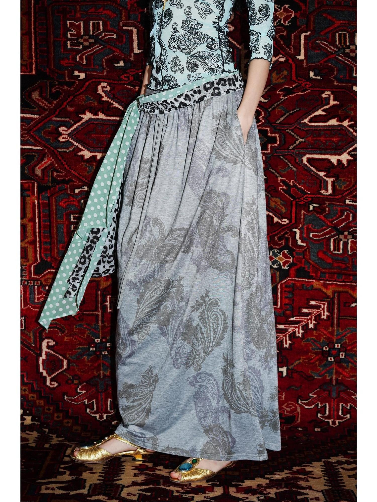 badtaste Heather Grey Paisley Knit Straight Low Waist Women's Lyocell Maxi Skirts