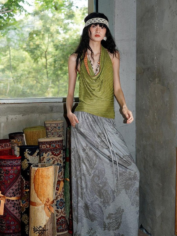 badtaste Heather Grey Paisley Knit Straight Low Waist Women's Lyocell Maxi Skirts