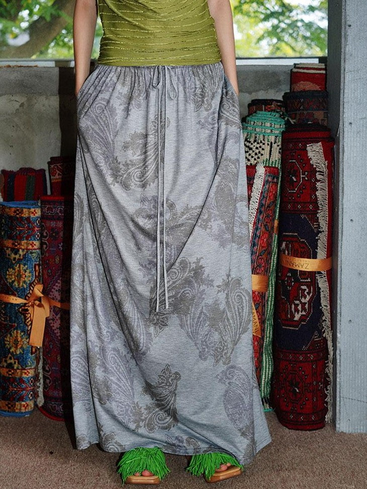 badtaste Heather Grey Paisley Knit Straight Low Waist Women's Lyocell Maxi Skirts