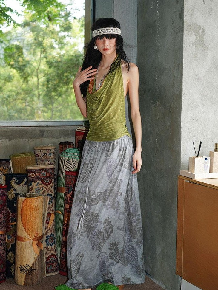 badtaste Heather Grey Paisley Knit Straight Low Waist Women's Lyocell Maxi Skirts