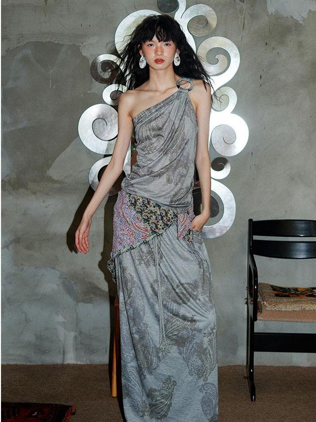 badtaste Heather Grey Paisley Knit Straight Low Waist Women's Lyocell Maxi Skirts