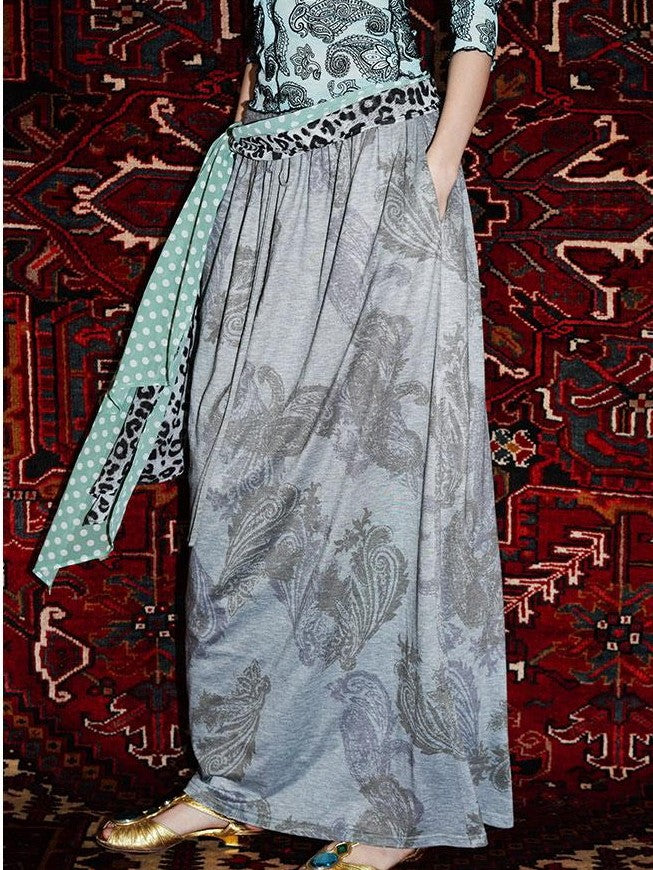 badtaste Heather Grey Paisley Knit Straight Low Waist Women's Lyocell Maxi Skirts