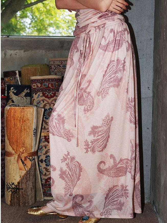 badtaste Heather Grey Paisley Knit Straight Low Waist Women's Lyocell Maxi Skirts