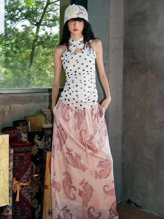 badtaste Heather Grey Paisley Knit Straight Low Waist Women's Lyocell Maxi Skirts