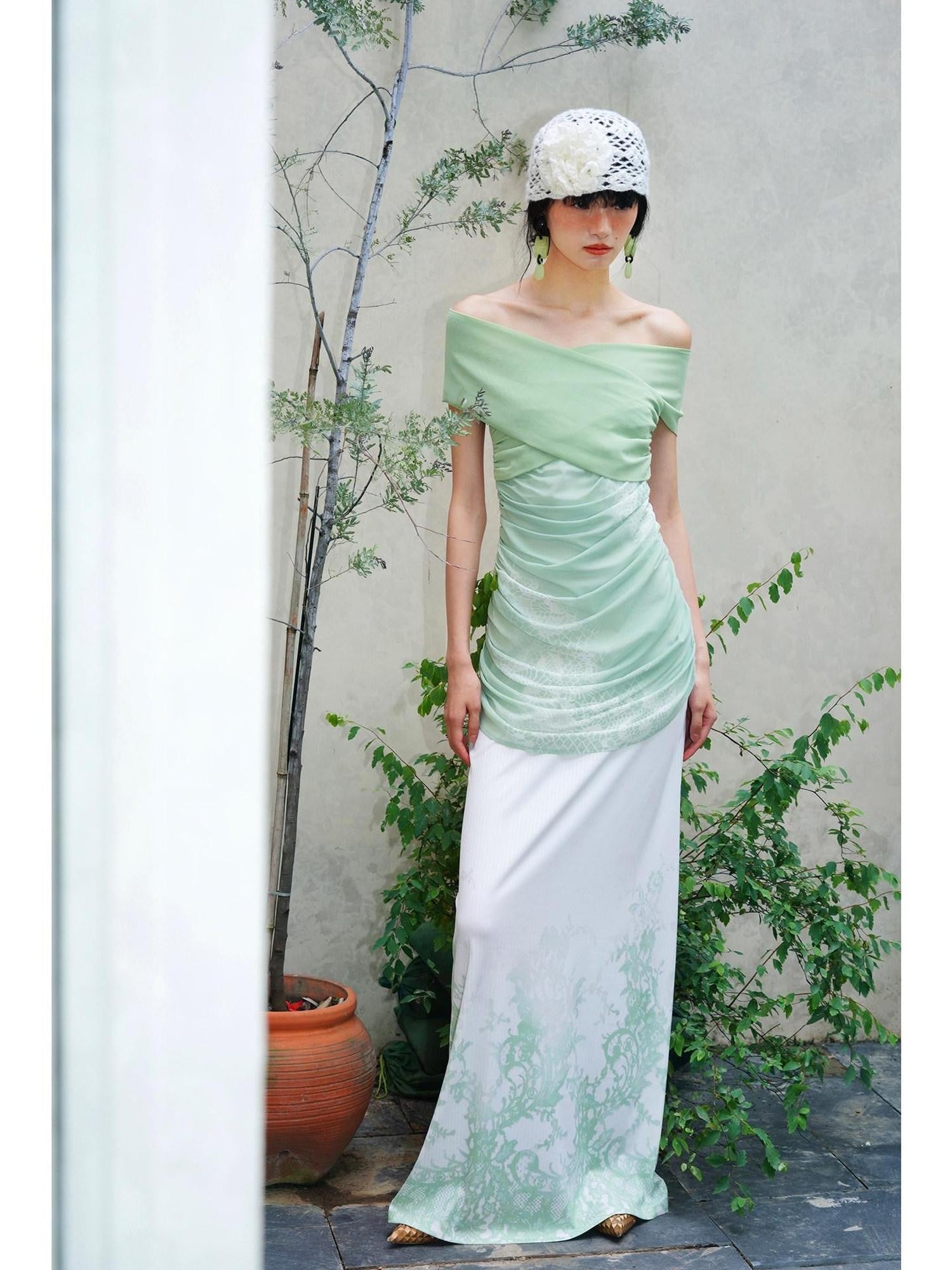 badtaste Jade Chinese Print Slim Fit Multiway Off Shoulder Women's Strapless Maxi Dresses