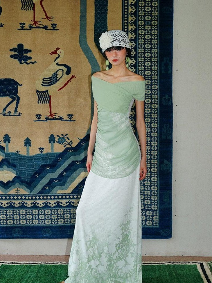 badtaste Jade Chinese Print Slim Fit Multiway Off Shoulder Women's Strapless Maxi Dresses