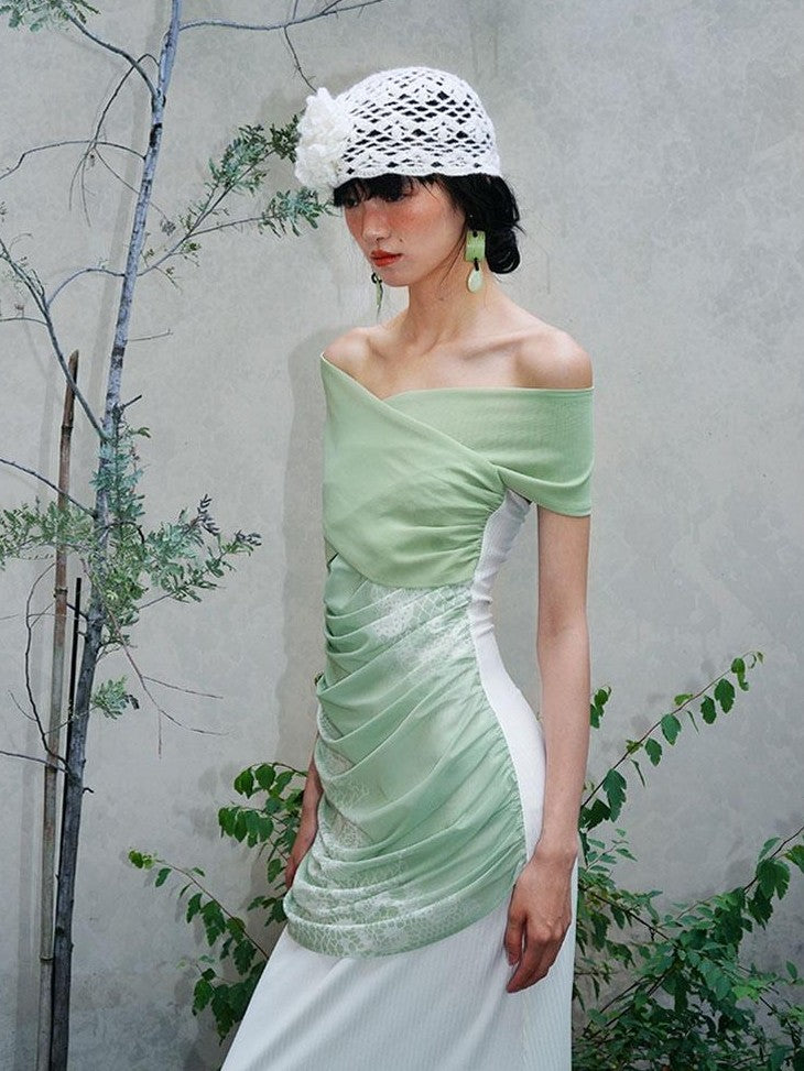 badtaste Jade Chinese Print Slim Fit Multiway Off Shoulder Women's Strapless Maxi Dresses