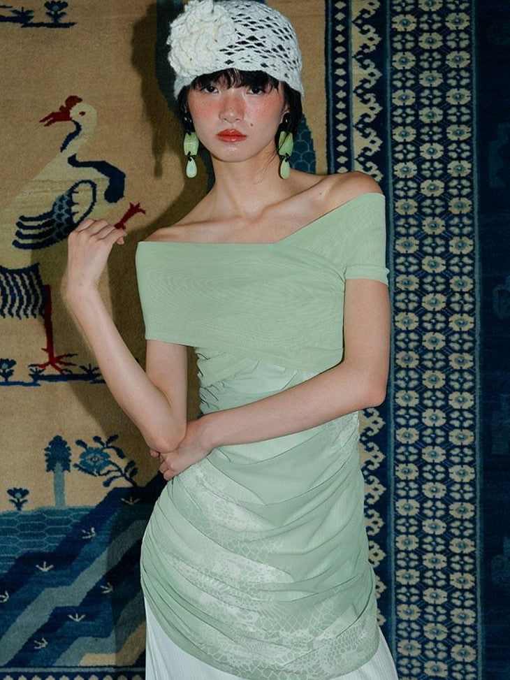 badtaste Jade Chinese Print Slim Fit Multiway Off Shoulder Women's Strapless Maxi Dresses