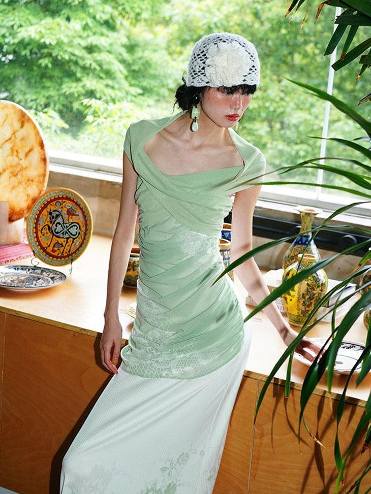 badtaste Jade Chinese Print Slim Fit Multiway Off Shoulder Women's Strapless Maxi Dresses