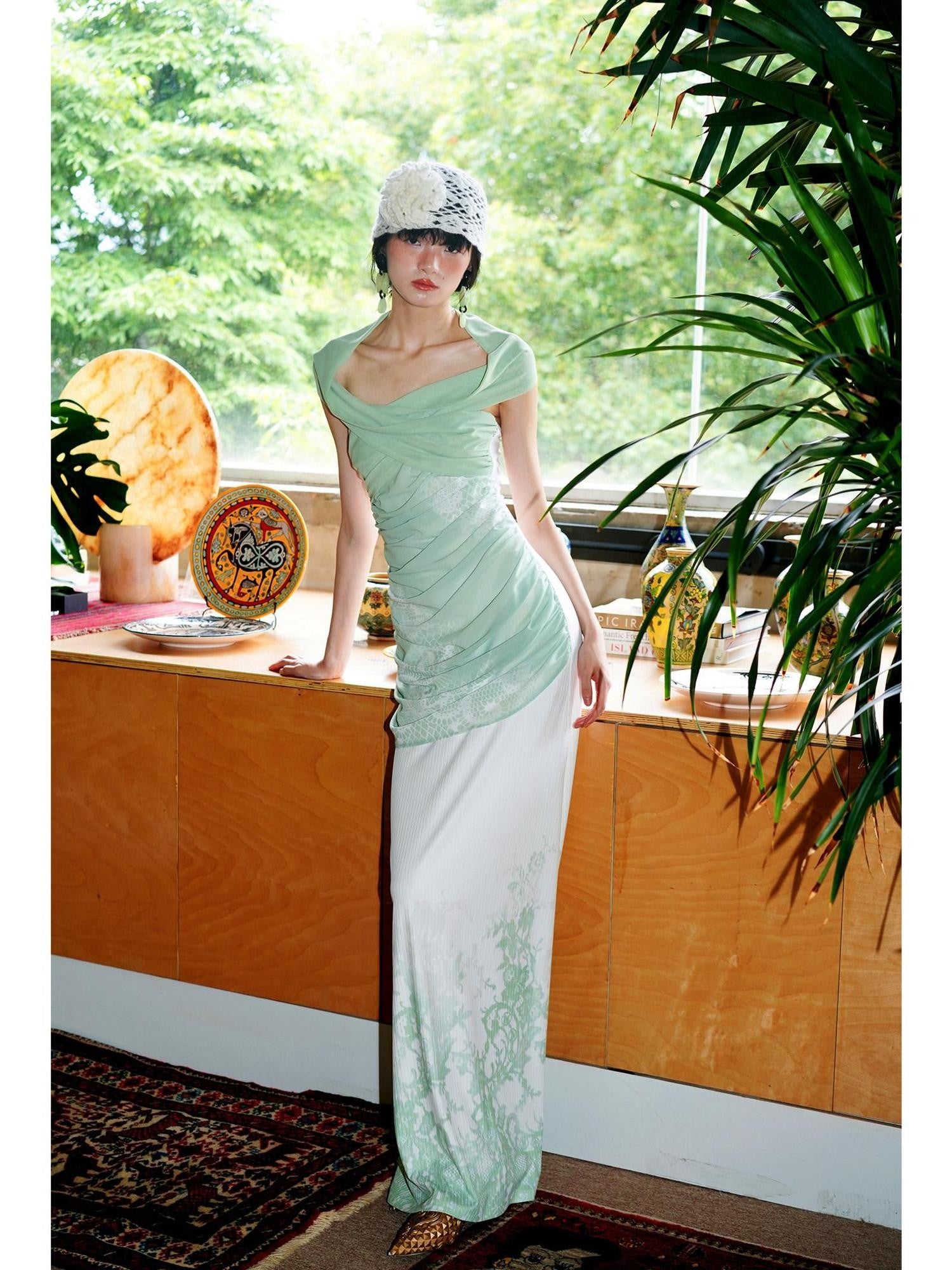 badtaste Jade Chinese Print Slim Fit Multiway Off Shoulder Women's Strapless Maxi Dresses