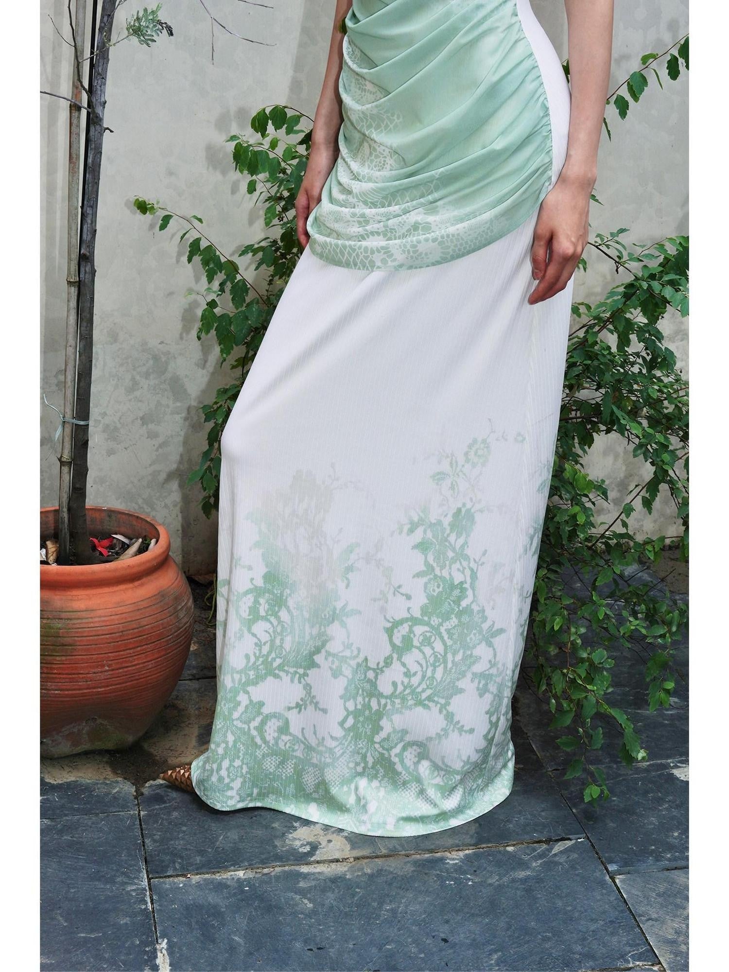badtaste Jade Chinese Print Slim Fit Multiway Off Shoulder Women's Strapless Maxi Dresses