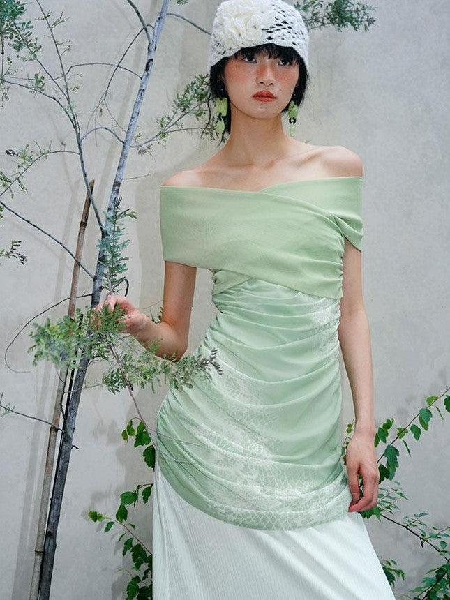 badtaste Jade Chinese Print Slim Fit Multiway Off Shoulder Women's Strapless Maxi Dresses