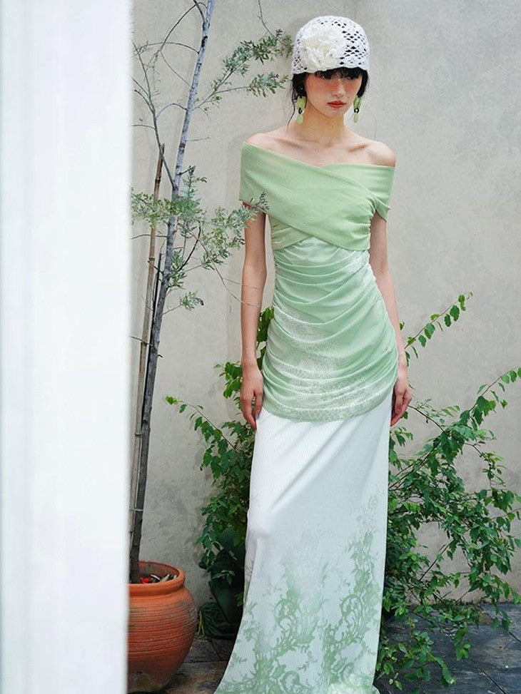 badtaste Jade Chinese Print Slim Fit Multiway Off Shoulder Women's Strapless Maxi Dresses