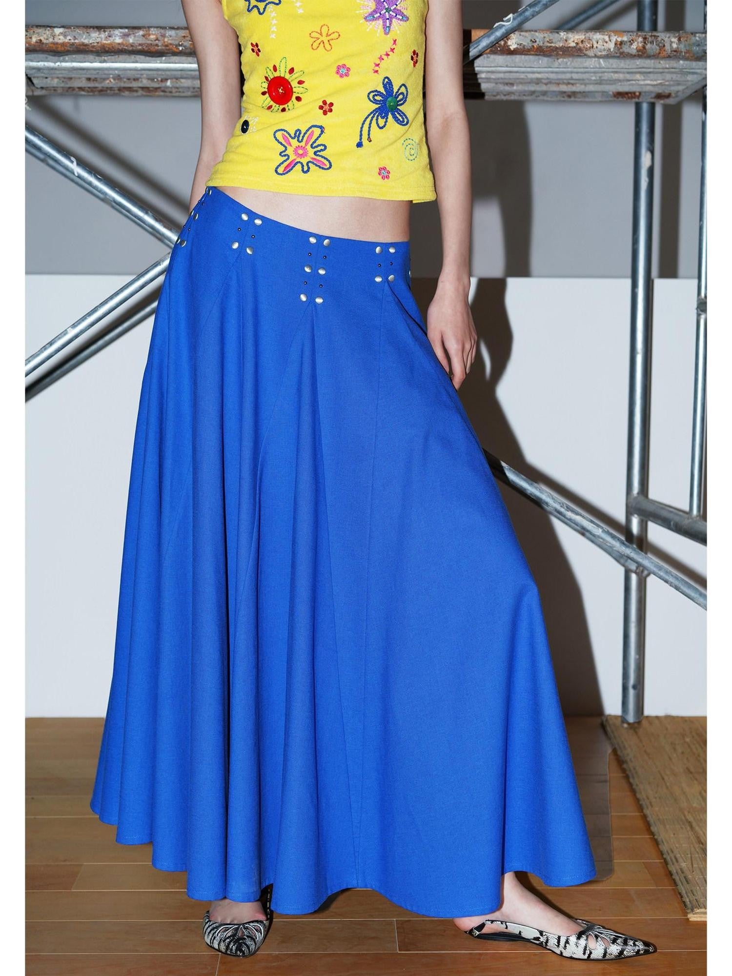 badtaste Klein Blue Rhinestone Long Loose Flared Low Waist Women's A-line Skirts