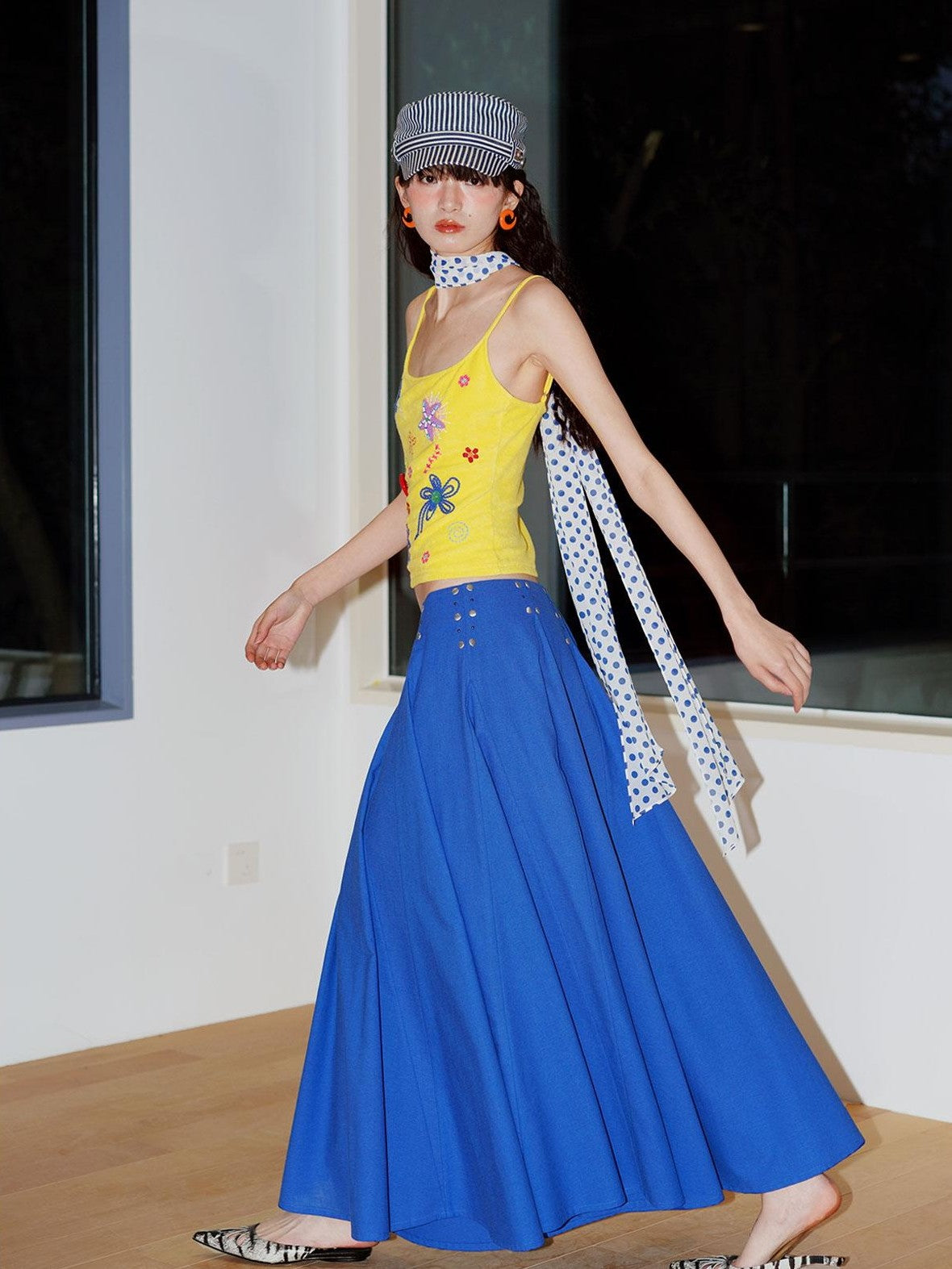 badtaste Klein Blue Rhinestone Long Loose Flared Low Waist Women's A-line Skirts