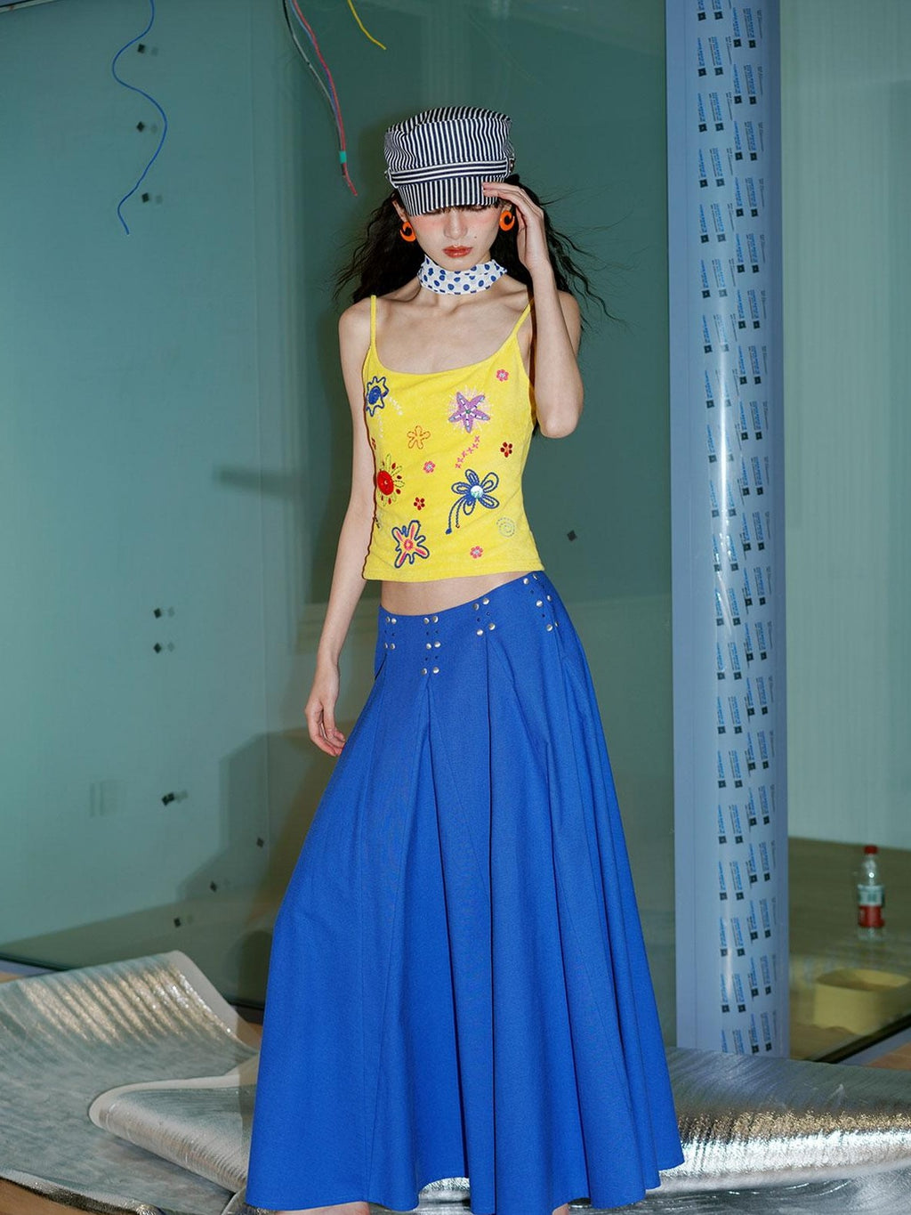 badtaste Klein Blue Rhinestone Long Loose Flared Low Waist Women's A-line Skirts