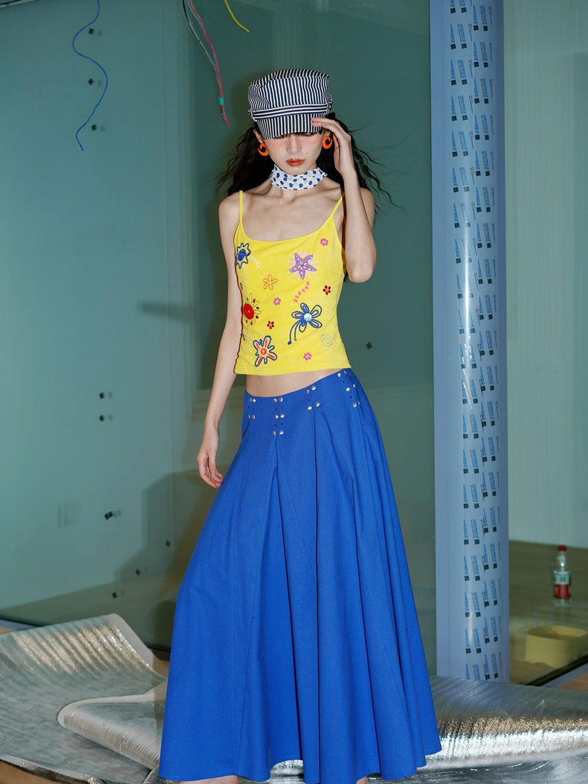 badtaste Klein Blue Rhinestone Long Loose Flared Low Waist Women's A-line Skirts