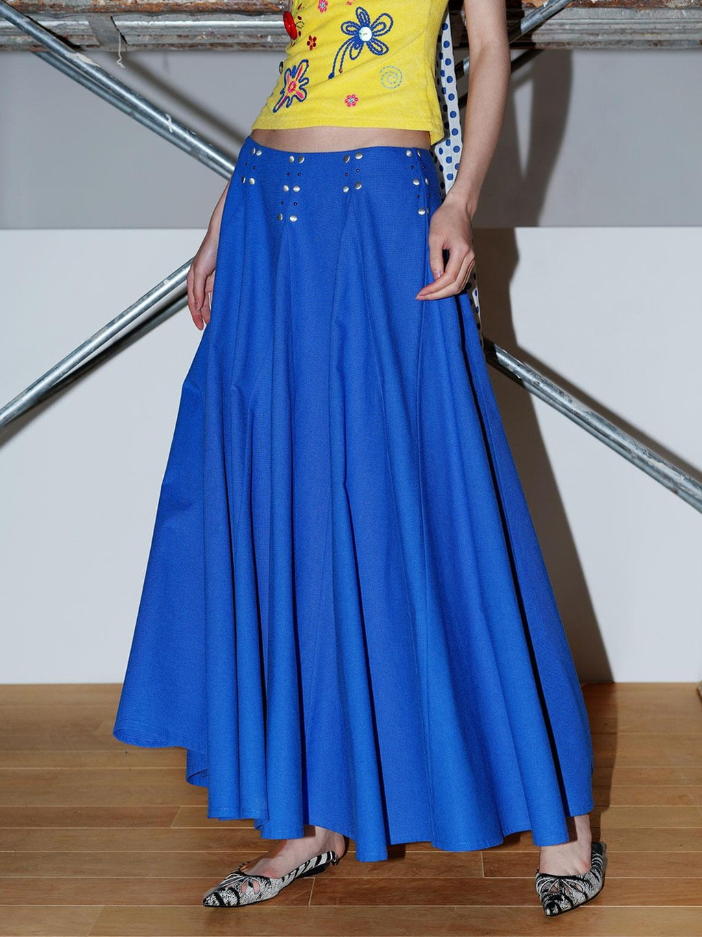 badtaste Klein Blue Rhinestone Long Loose Flared Low Waist Women's A-line Skirts