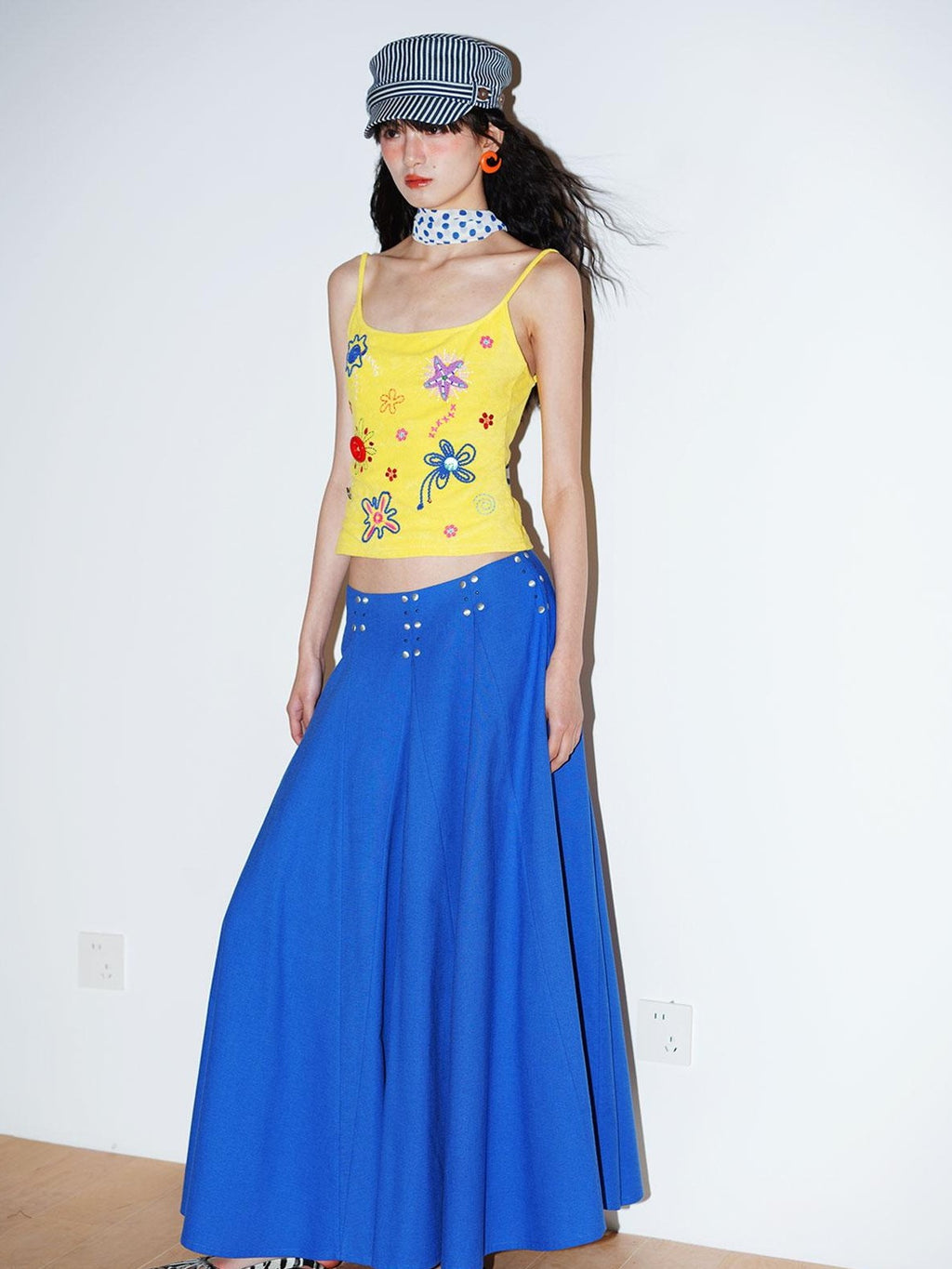 badtaste Klein Blue Rhinestone Long Loose Flared Low Waist Women's A-line Skirts