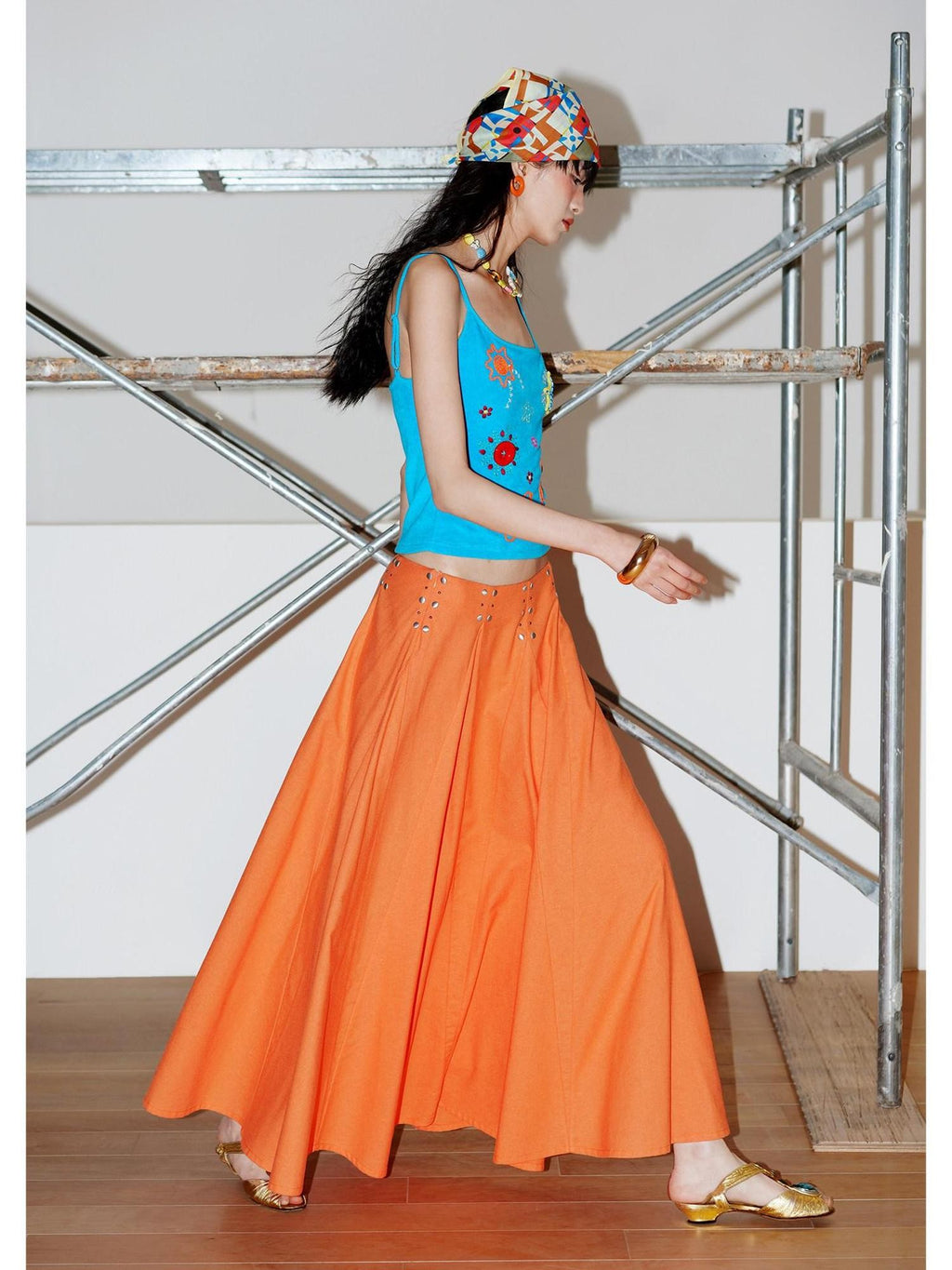 badtaste Klein Blue Rhinestone Long Loose Flared Low Waist Women's A-line Skirts