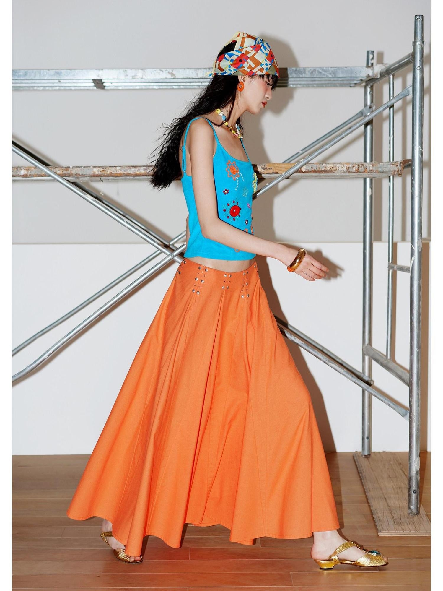 badtaste Klein Blue Rhinestone Long Loose Flared Low Waist Women's A-line Skirts