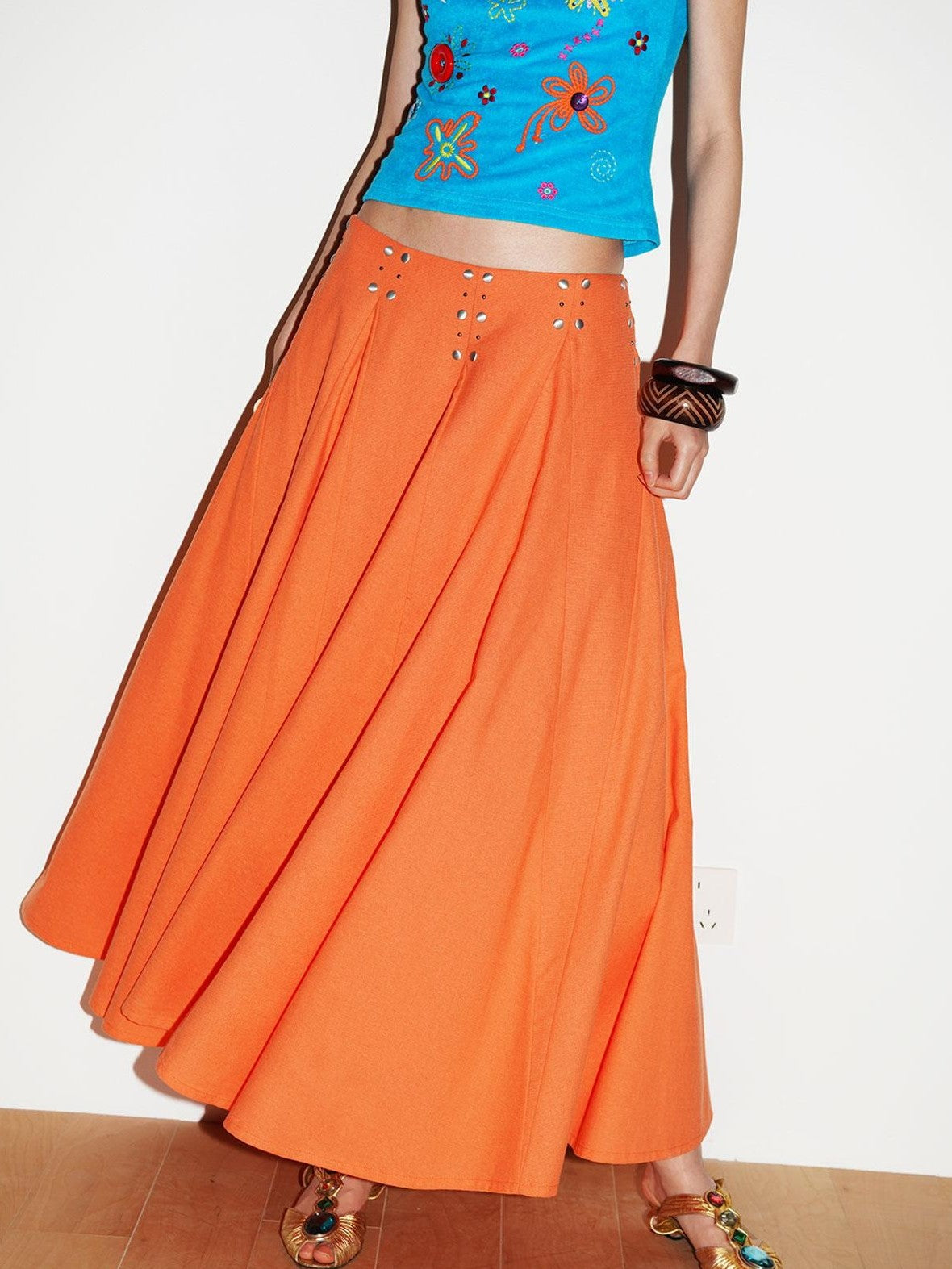 badtaste Klein Blue Rhinestone Long Loose Flared Low Waist Women's A-line Skirts