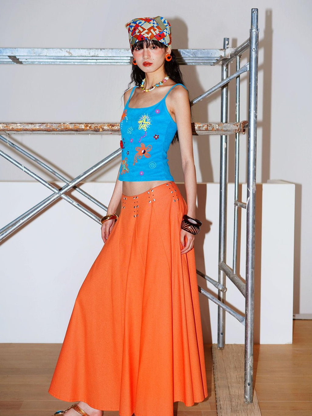 badtaste Klein Blue Rhinestone Long Loose Flared Low Waist Women's A-line Skirts