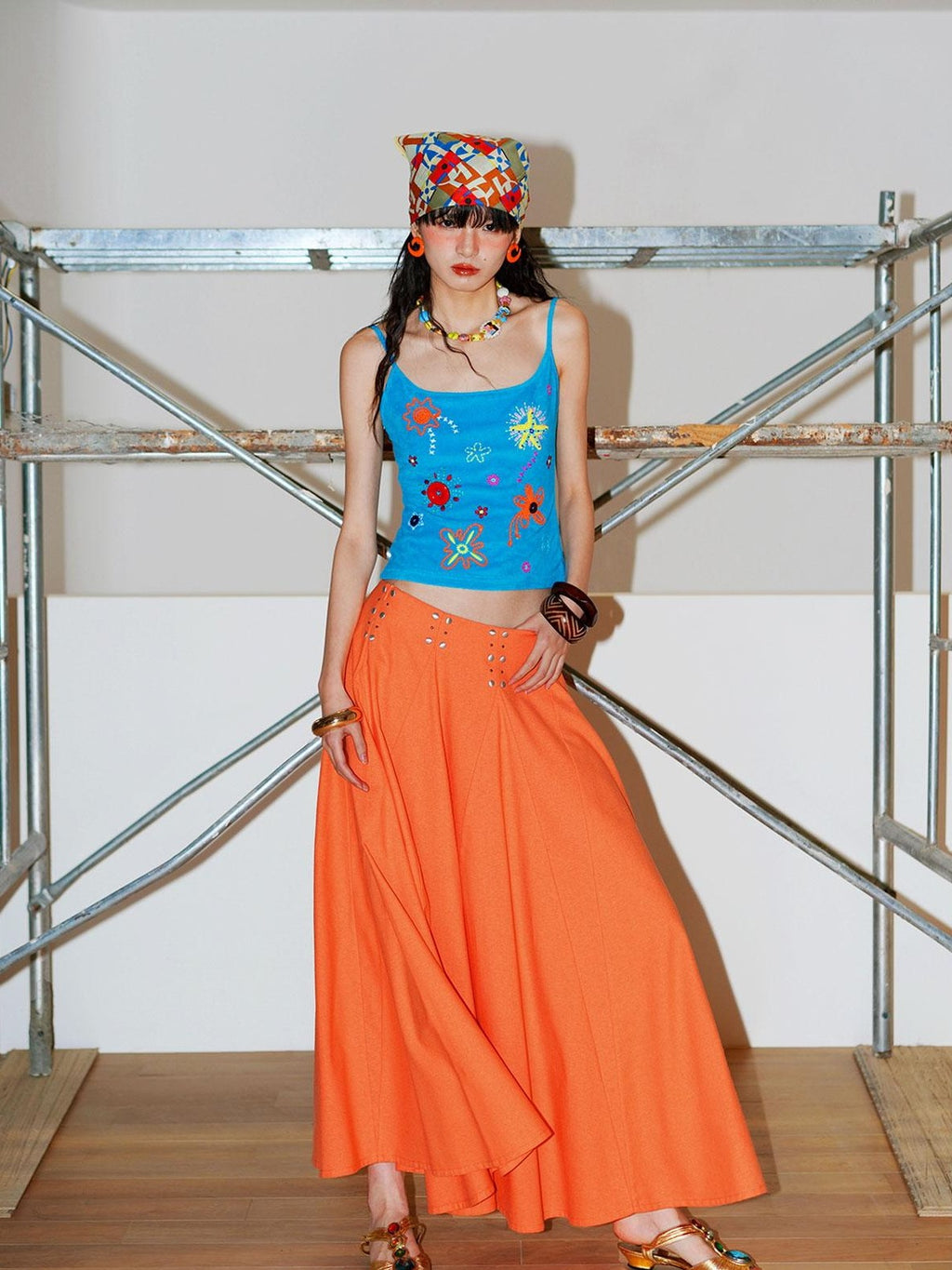 badtaste Klein Blue Rhinestone Long Loose Flared Low Waist Women's A-line Skirts