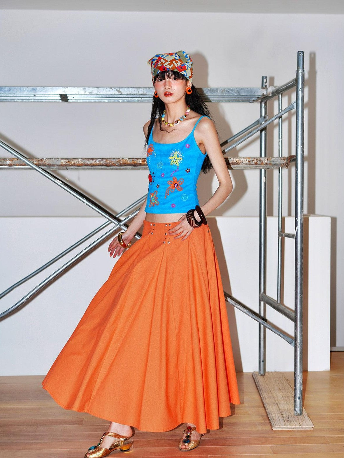 badtaste Klein Blue Rhinestone Long Loose Flared Low Waist Women's A-line Skirts