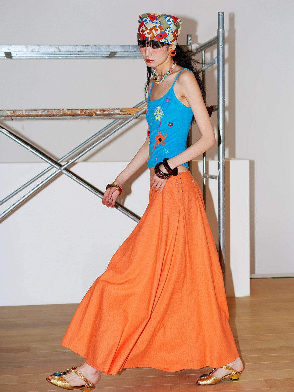 badtaste Klein Blue Rhinestone Long Loose Flared Low Waist Women's A-line Skirts